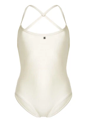 CHANEL 1998 Traje de baño blanco roto Body CC logotipo negro Talla L Foto 1 de 4