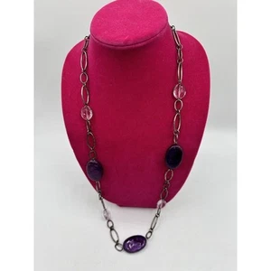 Vintage Lavender purple beaded and Pewter disc chain necklace, J-01-128 - Picture 1 of 9