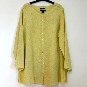 Tunica TAHARI 1X lagenlook giallo lino con bottoni girocollo manica lunga slouchy - Foto 1 di 16
