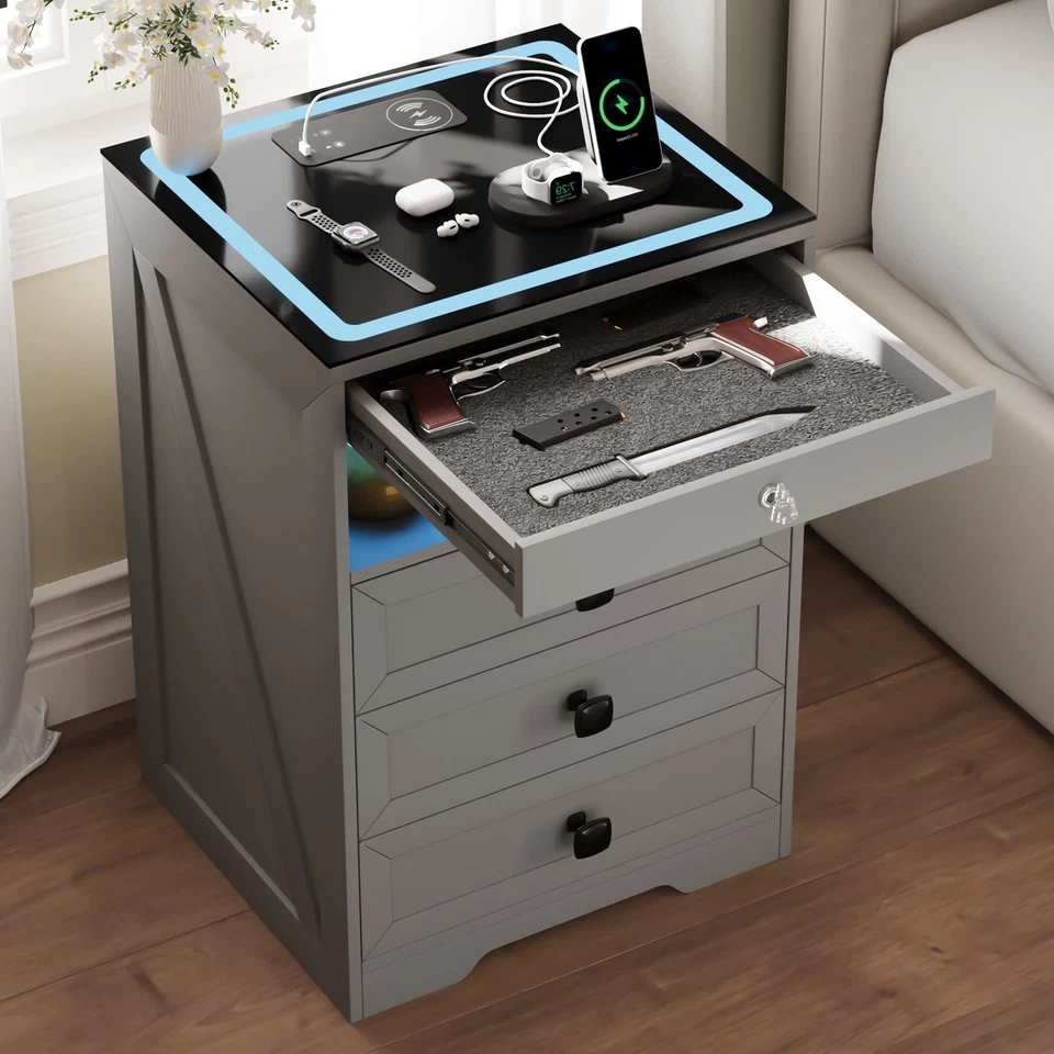 Nightstand with Gun Drawer and Charging Station, LED End Table for Bedroom Gray - Image 1 of 1
