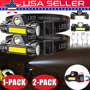 1-2er Pack USB Wiederaufladbare Wasserdichte LED Stirnlampe Head Light Taschenlampe - Bild 1 von 16
