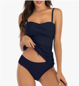 Shuangyu Twist Front Bandeau Tankini Set Ruched Tummy Control Mid Waist 2XL - Picture 1 of 1