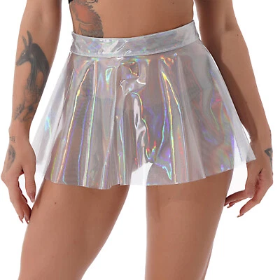 DE Damen Wetlook Rock Kurze Minirock Shiny PVC Plisseerock Skater Rock Kostüm - Bild 1 von 4
