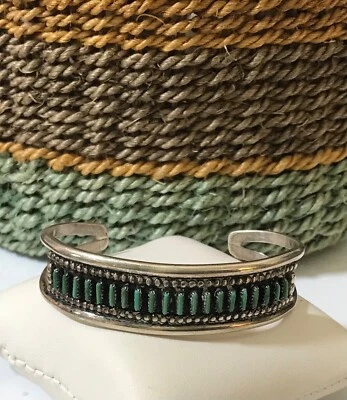 VTG Native American Signed ZUNI S. Natewa Needlepoint Turquoise Cuff Bracelet - Image 1 of 4