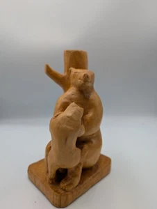 Hand Carved Wooden Bear Sculpture 7.5” x 4” Mama Bear Feeding Cub By Tree 2001 - Picture 1 of 19