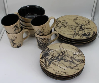 Mossy Oak Animal Print 16 Piece Dinnerware Set, Service for 4, Black and Beige - Image 1 of 4