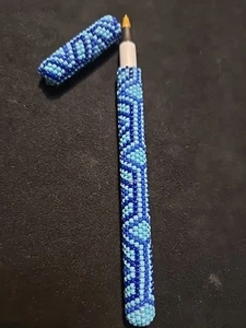 New Native American Lakota Beaded Western Journal Bic Pen Sleeve Cover&Lid Blue - Picture 1 of 8
