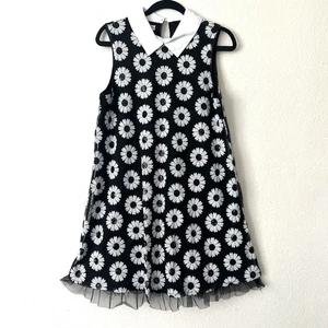 60s 70s Style Mini Dress Womens L Black White Sequin Daisy Collar Mod Goho Retro - Picture 1 of 12