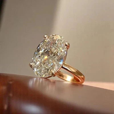 Помолвочное кольцо из желтого золота 14 карат с одним овальным бриллиантом выращенное в лаборатории повседневное ношение 5 карат - Изображение 1 из 4