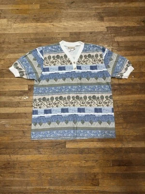 Vintage 90’s Crazy Print Blue & Green Henley Button Shirt Women’s Large USA Made - Image 1 of 4