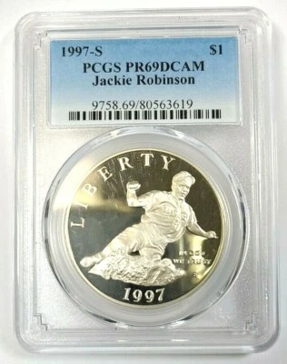 1997-S Jackie Robinson 50th Anniversary Baseball Silver $1 Coin PCGS PR69DCAM - Image 1 of 2