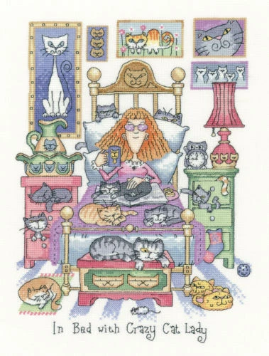 Heritage Crafts Cross Stitch Kit - In Bed with Crazy Cat Lady