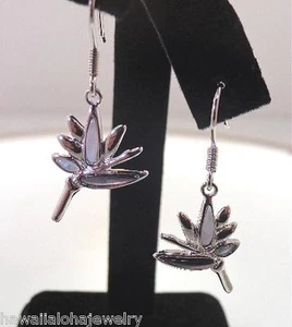 15.5mm Hawaiian Rhodium Over Silver Mother Pearl Bird of Paradise Hook Earrings - Picture 1 of 3