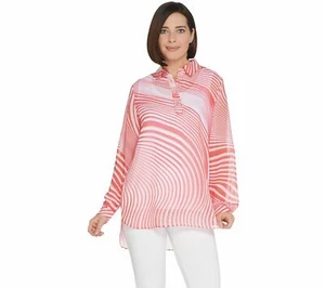 Dennis Basso Printed Chiffon Long-Sleeve Tunic W/ Tank -A307231- Soft Coral, XS - Picture 1 of 5