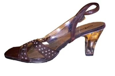Womens Shoe Clear Lucite Heels Size 7.5 Slingback Annie Brown Satin Rhinestones - image 1 of 4