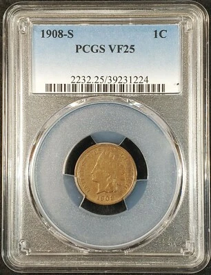 1908-S Indian Head Cent PCGS VF25 2232.25/39231224 Exquisite Coin Rare - Image 1 of 4