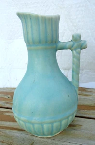 McCoy Vase Pottery 1930's 40's Soft Aqua Pitcher Twisted Rope Handle Cottagecore - Picture 1 of 9