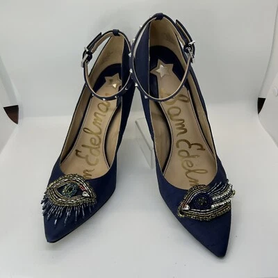 Bomba de tacón Sam Edelman 7.5 Hermione 2 cuentas ojo seda tachonado azul marino correa al tobillo Foto 1 de 4