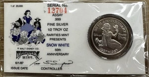 Rarities Mint Disney Blancanieves 1987 1/2 OZ plata .999 ronda 50 aniversario - Imagen 1 de 5