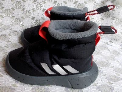 adidas SNOW BOOTS, Black Red Monofit Trainer Pull On Gray Fleece Lining, Kids 6K - Image 1 of 4