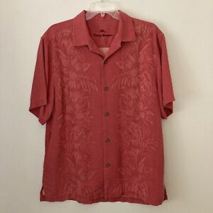 Tommy Bahama Camp Shirt Size L Coral Orange Hibiscus Floral Weave Pattern Silk