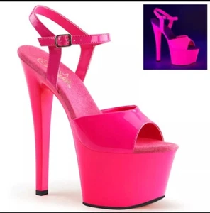 PLEASER US Size 7 Sexy Sandals Blacklight UV Hot Pink Platform 7" Heels - Picture 1 of 5