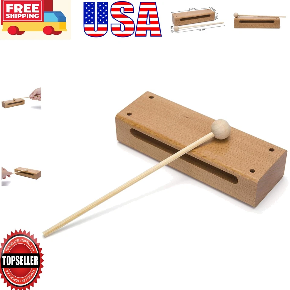 Wood Block Musical Instrument With Mallet Solid Hardwood Percussion