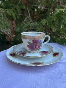 Sammeltasse 3-teiliges Gedeck Mitterteich Bavaria dunkelrote Rose Goldrand - Bild 1 von 11