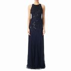 $299 Adrianna Papell Navy Blue Black Scroll Sequin Beaded Gown 6 NWT A973
