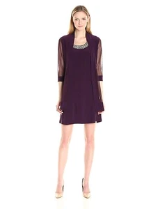 R&M Richards Women's 2 Piece Mesh Panel Beaded Neck Jacket Dress Plum 8 - Picture 1 of 4