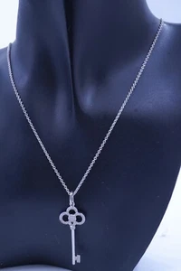 Tiffany & Co 18K White Gold & Diamond CROWN KEY Pendant Necklace 17.5'' 6.49Gr - Picture 1 of 15