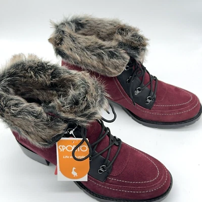 Sporto Holly Suede Boot Bootie Faux Fur Trim Burgundy Lace Up Block Heel Sz 9 W - Image 1 of 4