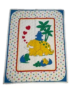 Vintage 80s Dinosaur Baby Blanket Quilt Triceratops Nursery Throw 34x44 - Picture 1 of 7
