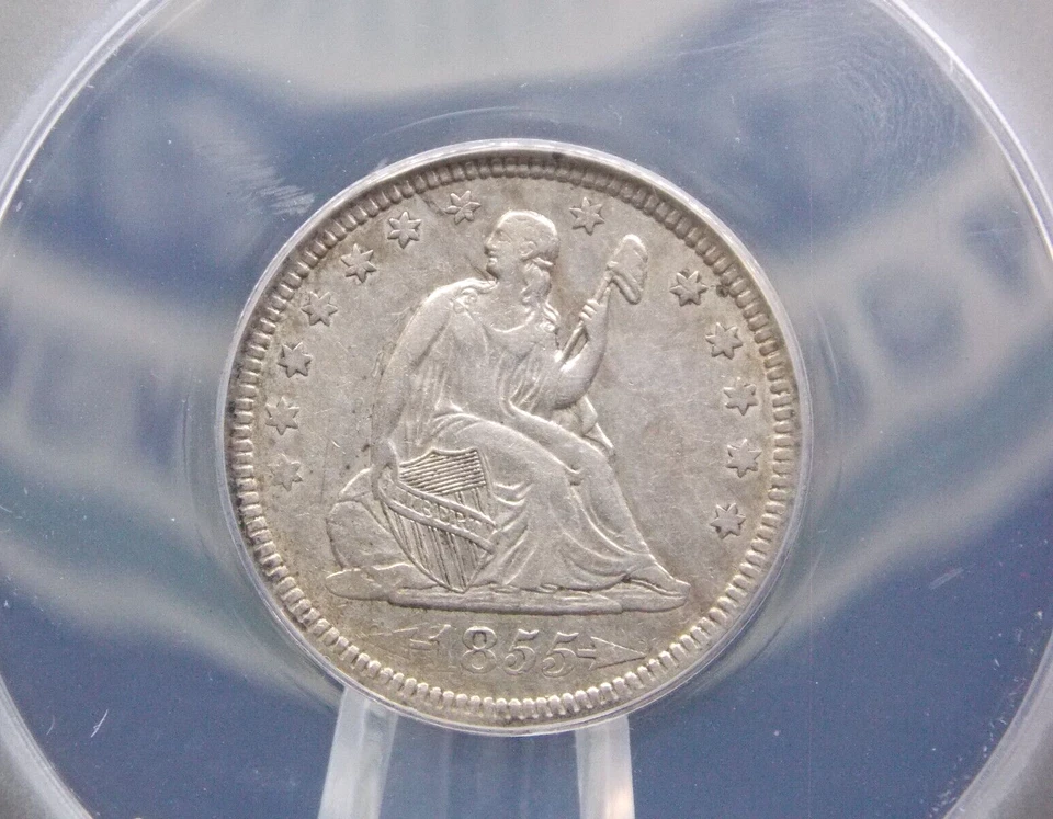 Cuarto libertad sentada 1855 "P" *FLECHAS* 25c ANACS EF45 XF detalle #183 ECC&C Inc Foto 1 de 4