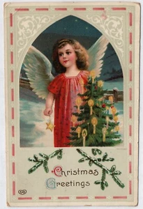 Christmas Greetings, Angel w/ Xmas Tree, Printed Postcard, Postmarked 1913 - Picture 1 of 2