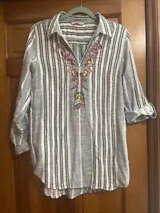 Soft Surroundings Aruba Tunic L Striped Embroidered Roll Tab Sleeve’s Cotton - Picture 1 of 12