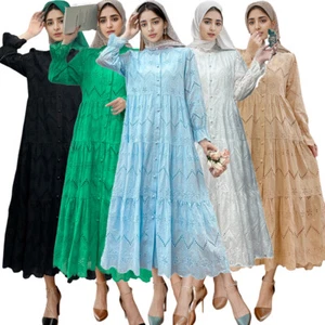 Muslim Women Fashion Lace Hollow Kaftan Maxi Dress Islamic Abaya Casual Caftan - Picture 1 of 25