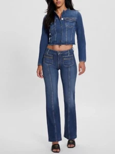 Guess Woman Eco Terrie Blue Denim Jacket Crop Chain Details Raw Trim Size L NWT - Picture 1 of 15