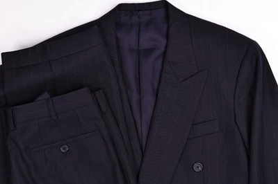 Traje Vintage Personalizado A Medida Azul Marino Oscuro Rayas Doble Pecho 41 L Pantalones 31x32 Foto 1 de 4