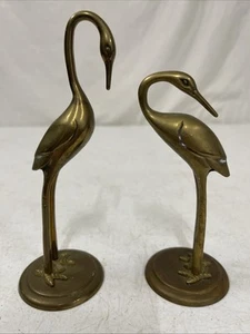 Vintage Pair Of Solid Brass Heron Crane Bird Figurines 6.25" & 5.25" - Picture 1 of 6