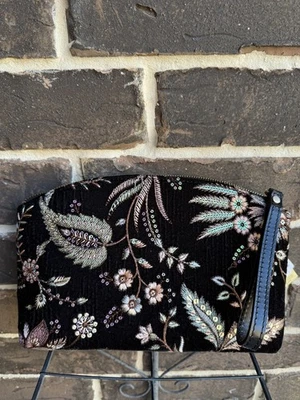 NUEVO CON ETIQUETAS Patricia Nash Terciopelo Aritzo Cuero Muñequera Bolso Cosmético Negro Multi Foto 1 de 4