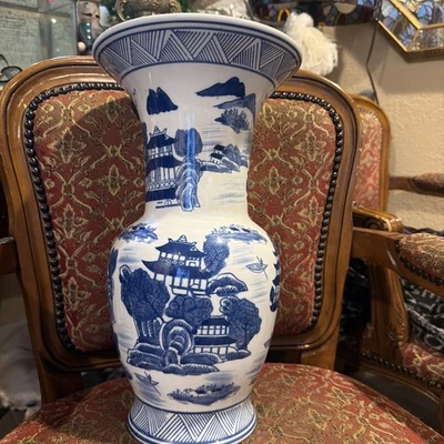 Vintage 17” Tall Large Floor Vase Cobalt Blue And White Floral Scroll Vase - Image 1 of 4