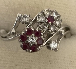 Vintage JABEL 18K White Gold Ruby And Diamond Flower Ring, 5.1grm, Sz7.5 - Picture 1 of 9