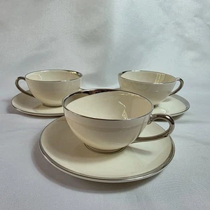 THREE Pickard Crescent Cup & Saucer Sets Ivory with Platinum Band on Edge - Picture 1 of 18