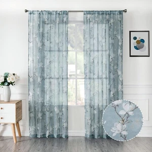 Floral Blue Sheer Curtain Flower Print Vine Embroidery Bedroom Curtains Rod P... - Bild 1 von 7