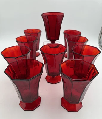 Vintage Set /10 Independence Ruby Red Octagonal Iced Tea Glasses /Water Goblets  - Image 1 of 4