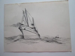 ORIGINAL INK DRAWING, marked "A T JR." FROM SKETCH BOOK. SAILING VESSEL. - Bild 1 von 2