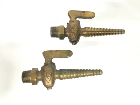 Lot of 2 Antique Brass Spigot Shut Off Valves 5/8" MPT to Hose Barb Cover