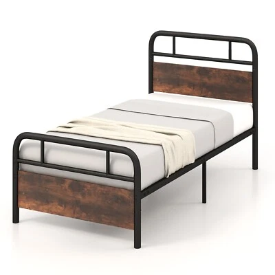 Single Size Bed Frame Platform Metal Slats Support Bed W/ Industrial Headboard - Image 1 of 4