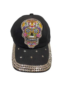 Day Of The Dead Sequin Quality Embroidered Patch Adjustable Black Baseball Cap - Picture 1 of 6